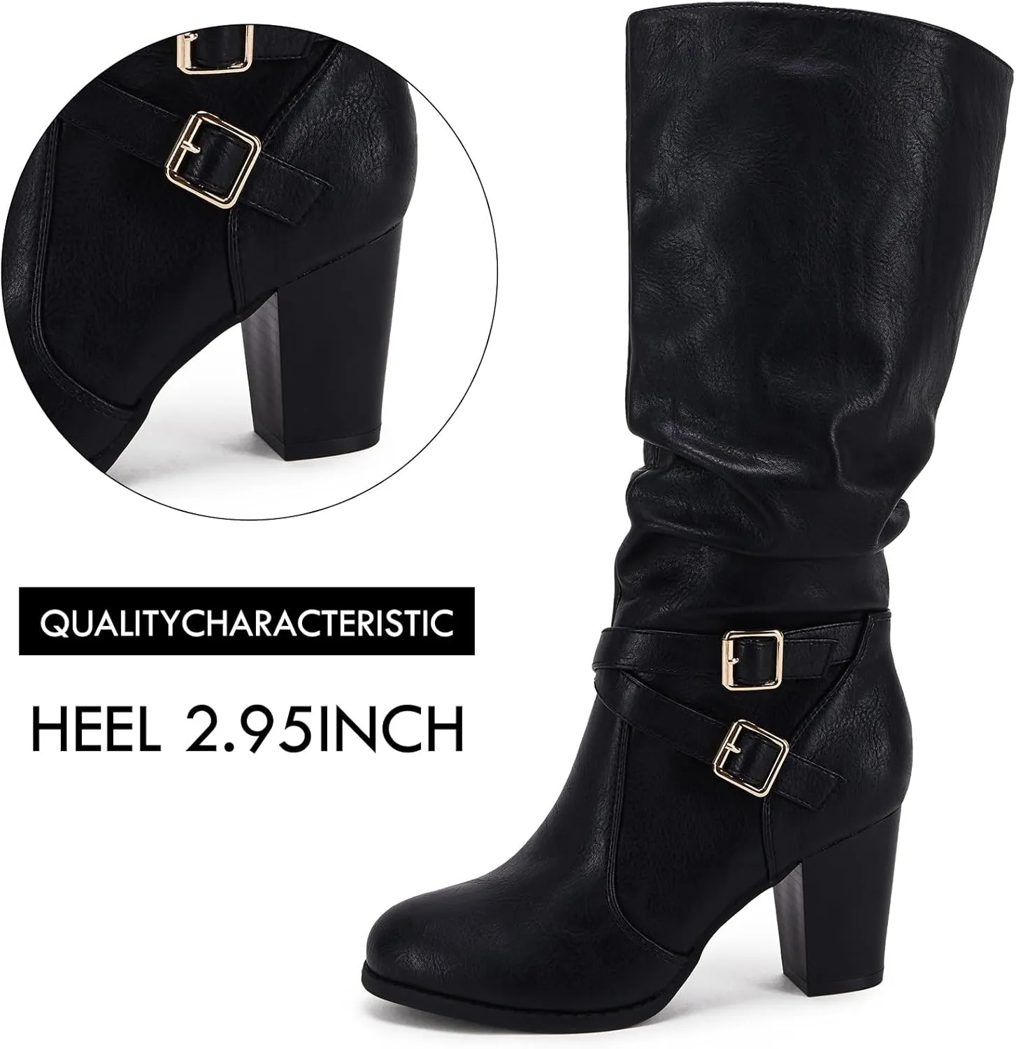 Ermonn Womens Mid Knee High Boots Chunky Heel Slouchy Metal Buckle Side Zipper Fashion Winter Shoes