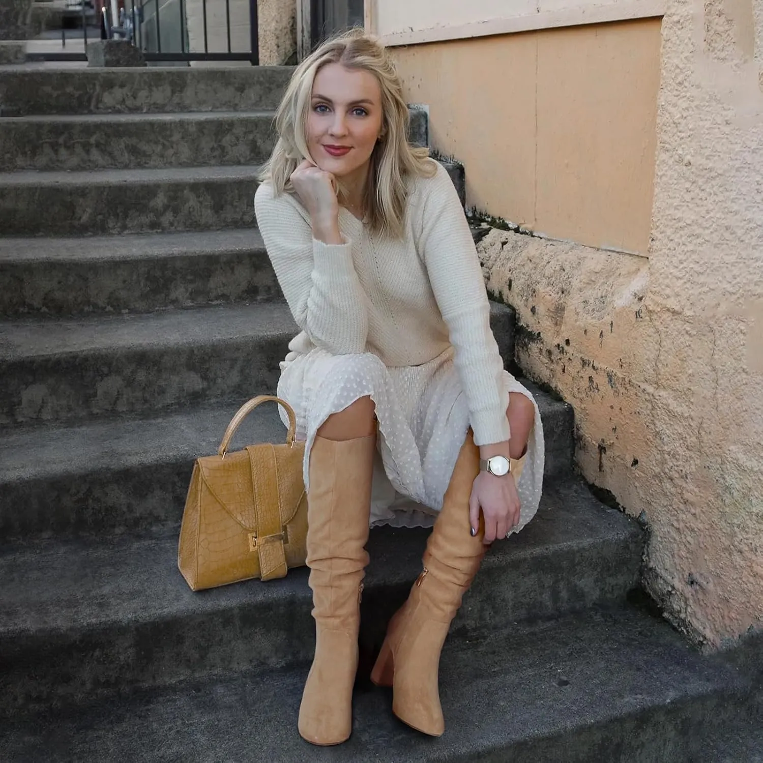 Eteridrey Knee High Boots Womens Chunky Heels Side Zipper Slouchy Boots Comfortable Faux Suede Riding Mid Calf Boots…