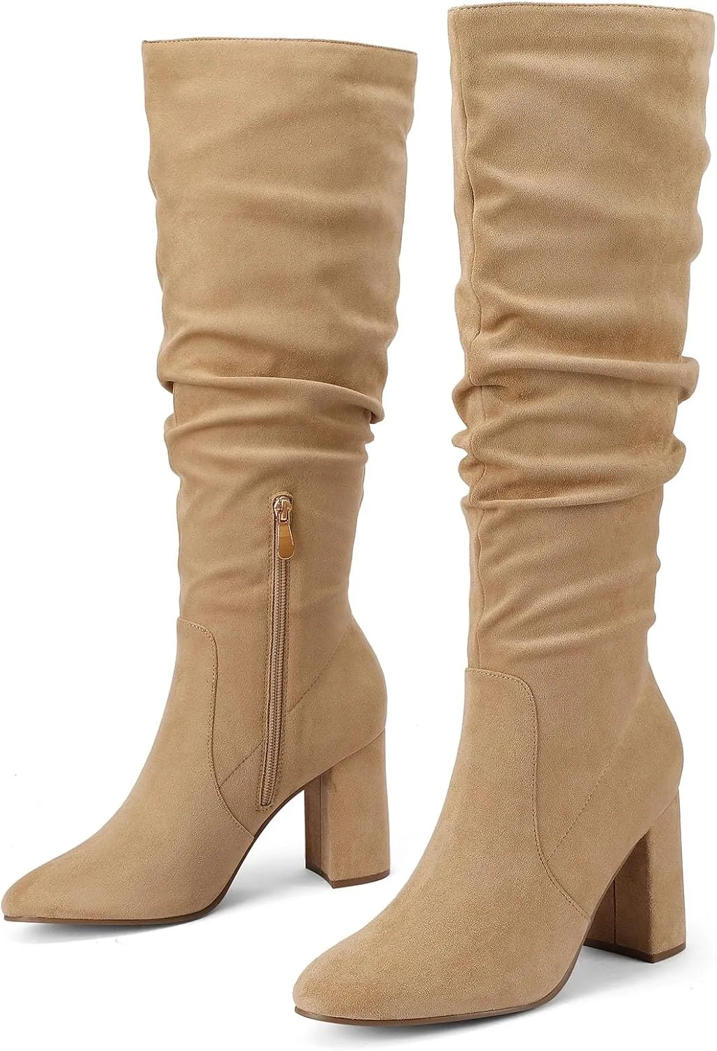 Eteridrey Knee High Boots Womens Chunky Heels Side Zipper Slouchy Boots Comfortable Faux Suede Riding Mid Calf Boots…