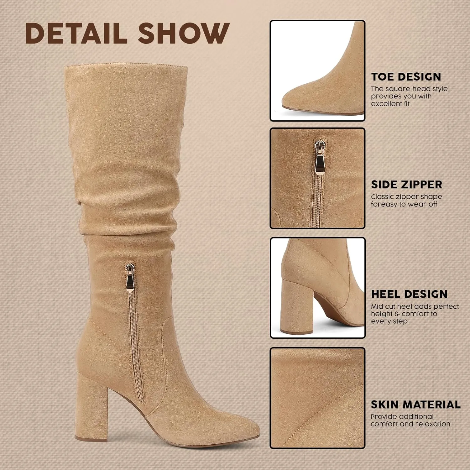 Eteridrey Knee High Boots Womens Chunky Heels Side Zipper Slouchy Boots Comfortable Faux Suede Riding Mid Calf Boots…