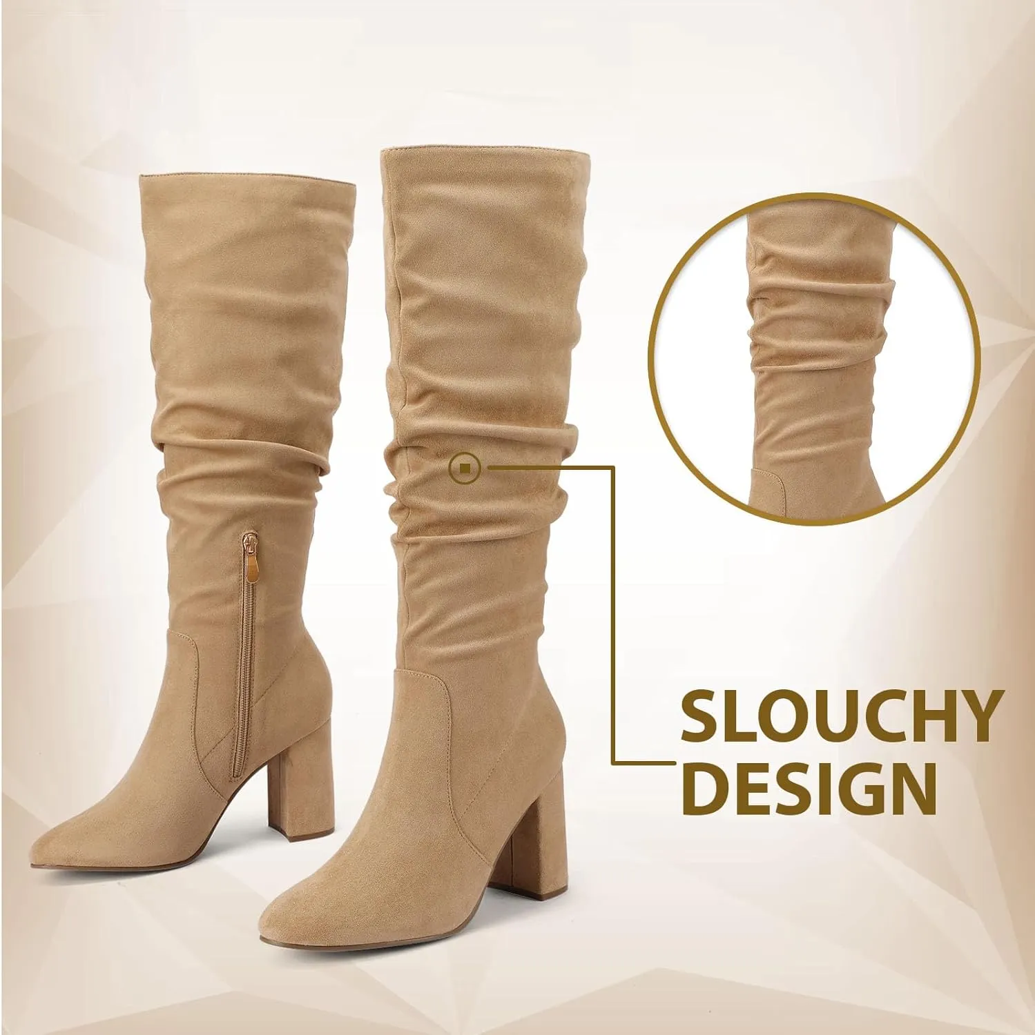 Eteridrey Knee High Boots Womens Chunky Heels Side Zipper Slouchy Boots Comfortable Faux Suede Riding Mid Calf Boots…
