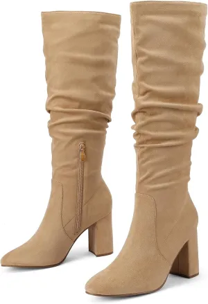 Eteridrey Knee High Boots Womens Chunky Heels Side Zipper Slouchy Boots Comfortable Faux Suede Riding Mid Calf Boots…
