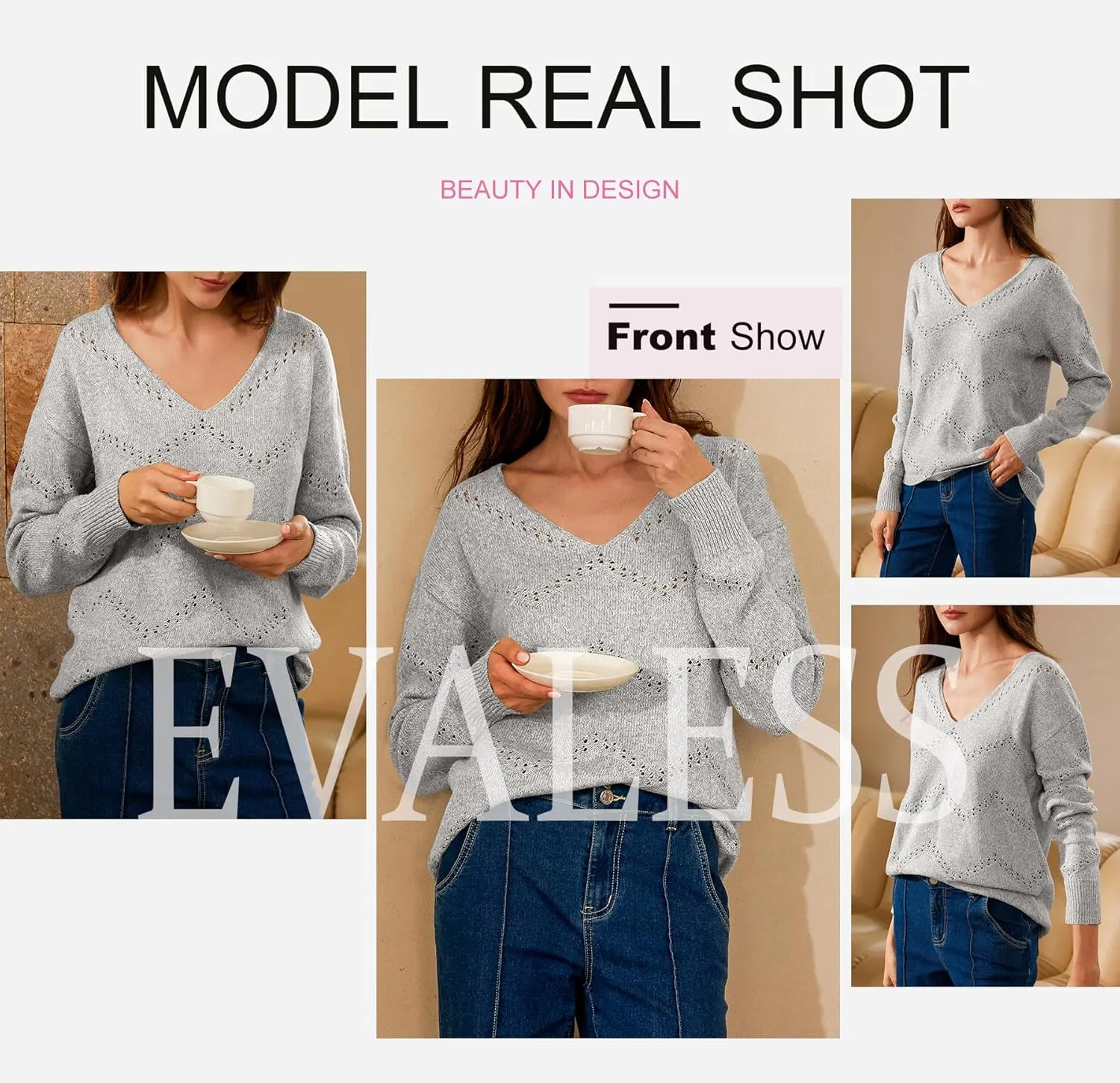 EVALESS Women's Crochet Sweater Top Hollow Out Long Sleeve Pullover Tops Fall Outfits Fashion 2024