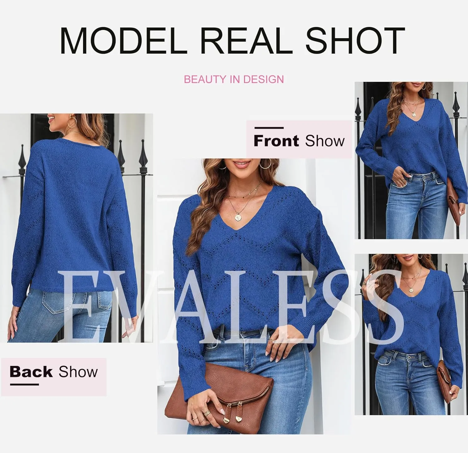EVALESS Women's Crochet Sweater Top Hollow Out Long Sleeve Pullover Tops Fall Outfits Fashion 2024