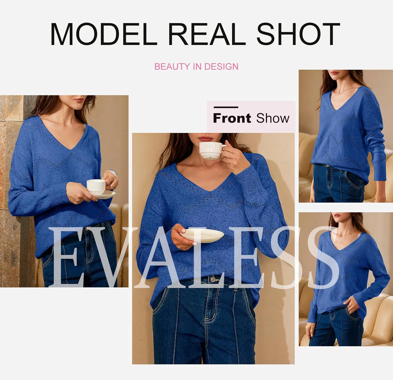 EVALESS Women's Crochet Sweater Top Hollow Out Long Sleeve Pullover Tops Fall Outfits Fashion 2024
