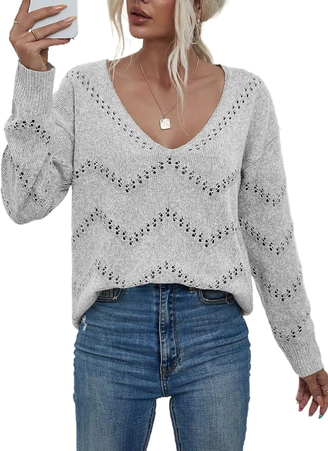EVALESS Women's Crochet Sweater Top Hollow Out Long Sleeve Pullover Tops Fall Outfits Fashion 2024