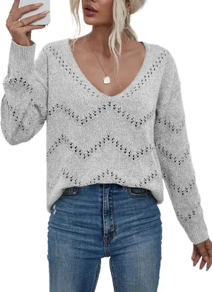 EVALESS Women's Crochet Sweater Top Hollow Out Long Sleeve Pullover Tops Fall Outfits Fashion 2024