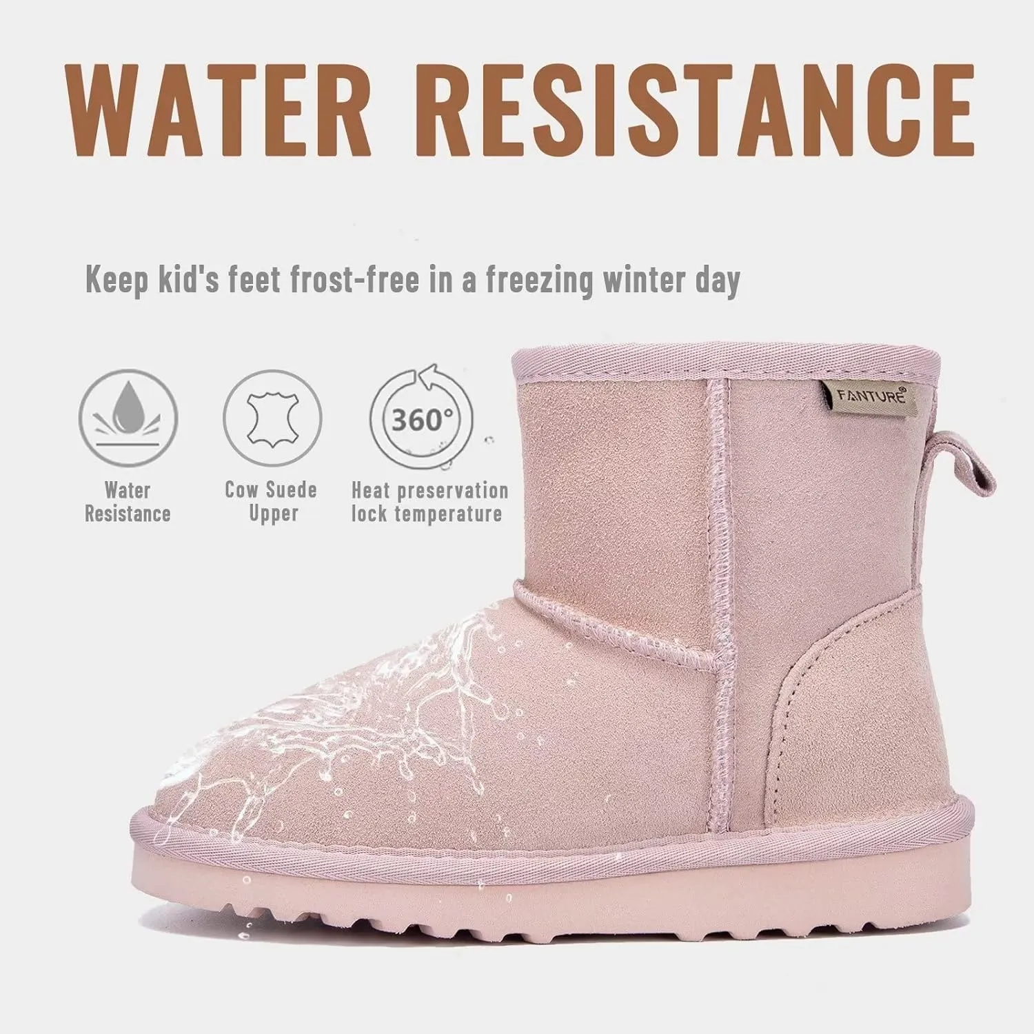 FANTURE Kids Snow Boots Boys Girls Winter Boots Cow Suede Warm Faux Fur Lined Durable Shoes(Little Kid/Big Kid)