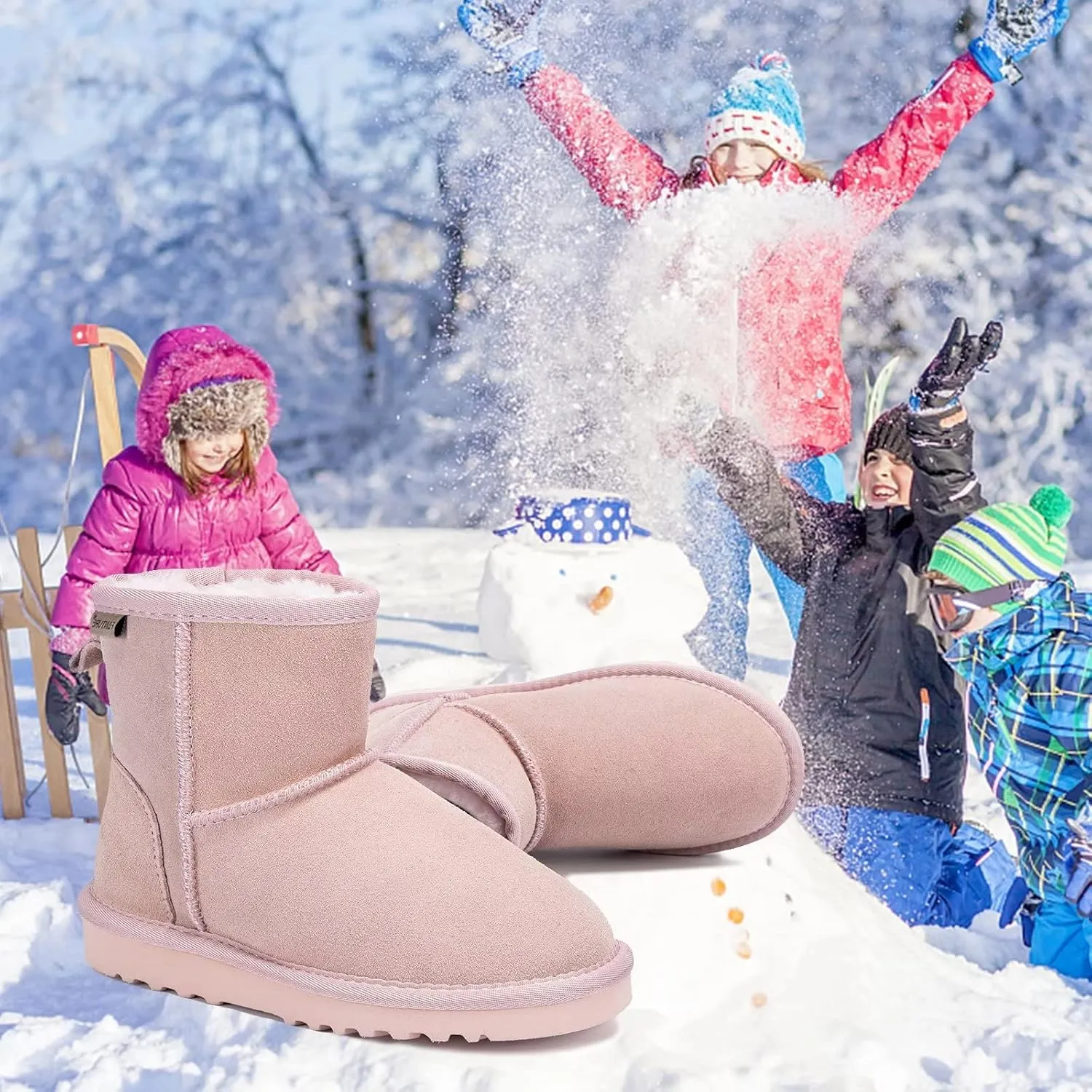 FANTURE Kids Snow Boots Boys Girls Winter Boots Cow Suede Warm Faux Fur Lined Durable Shoes(Little Kid/Big Kid)