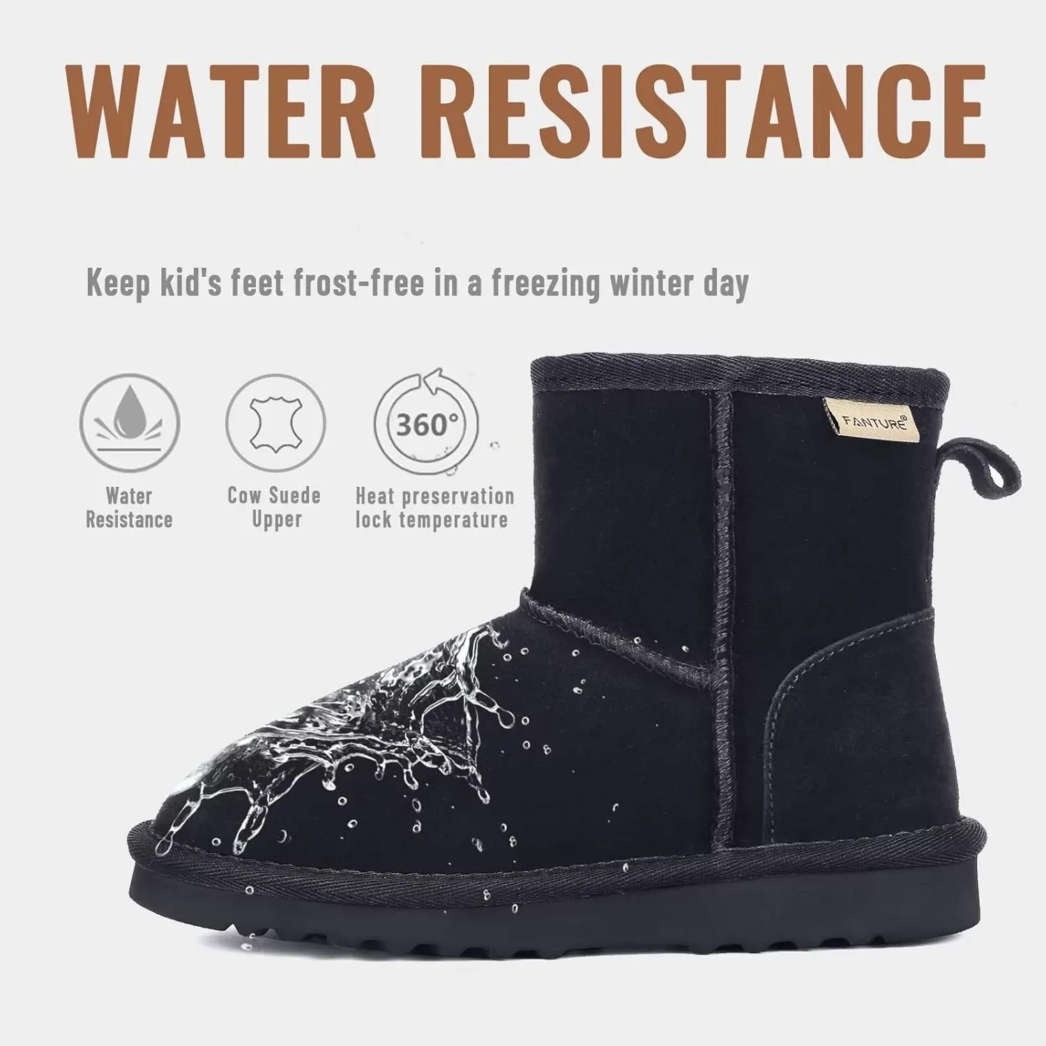 FANTURE Kids Snow Boots Boys Girls Winter Boots Cow Suede Warm Faux Fur Lined Durable Shoes(Little Kid/Big Kid)