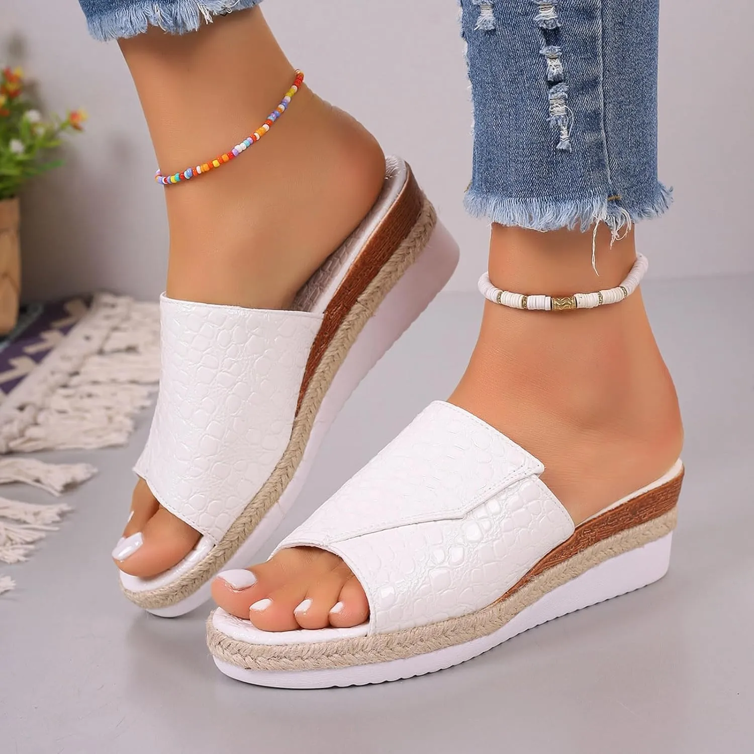 Fashion Wedge Sandals for Women Snakeskin Large Size Slippers Arch Support Slip On Sandals Women Clear Flat Sandals
