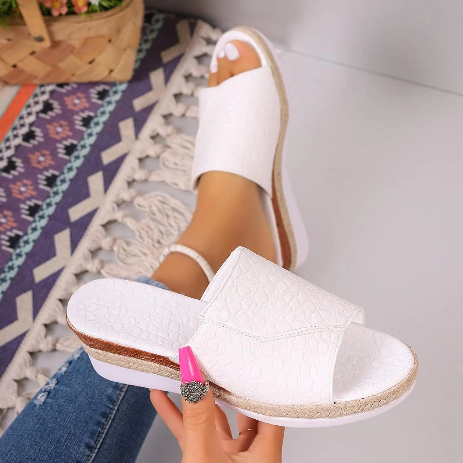 Fashion Wedge Sandals for Women Snakeskin Large Size Slippers Arch Support Slip On Sandals Women Clear Flat Sandals