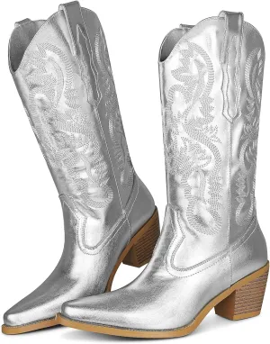 femflame Cowboy Boots For Women,Pointed Toe Embroidered Mid Calf Cowgirl Boots Pull On Zipper Chunky Heel Western Boots