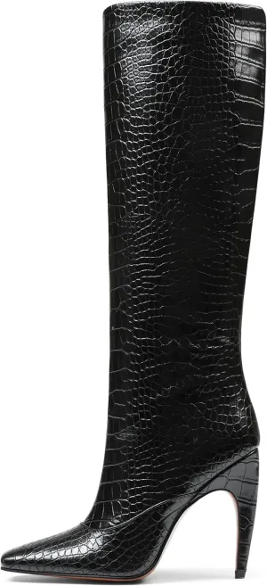 femflame Knee High Boots for Women Wide Calf Long Boots Suede Square Toe Pull On Stiletto Heel Tall Boots