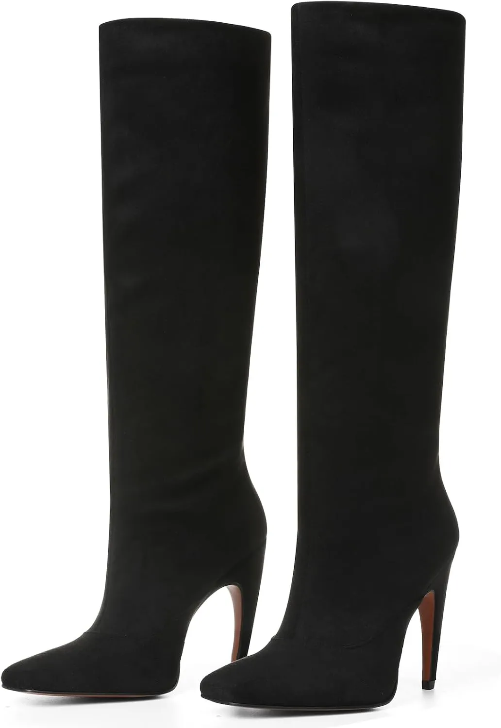 femflame Knee High Boots for Women Wide Calf Long Boots Suede Square Toe Pull On Stiletto Heel Tall Boots