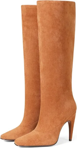 femflame Knee High Boots for Women Wide Calf Long Boots Suede Square Toe Pull On Stiletto Heel Tall Boots