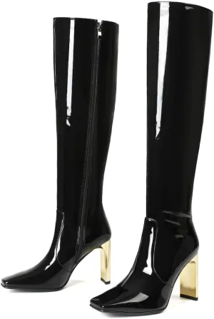 femflame Knee High Boots Women Chunky Heel Square Toe Long Boots Side Zipper Tall Boots for Women Wide Calf