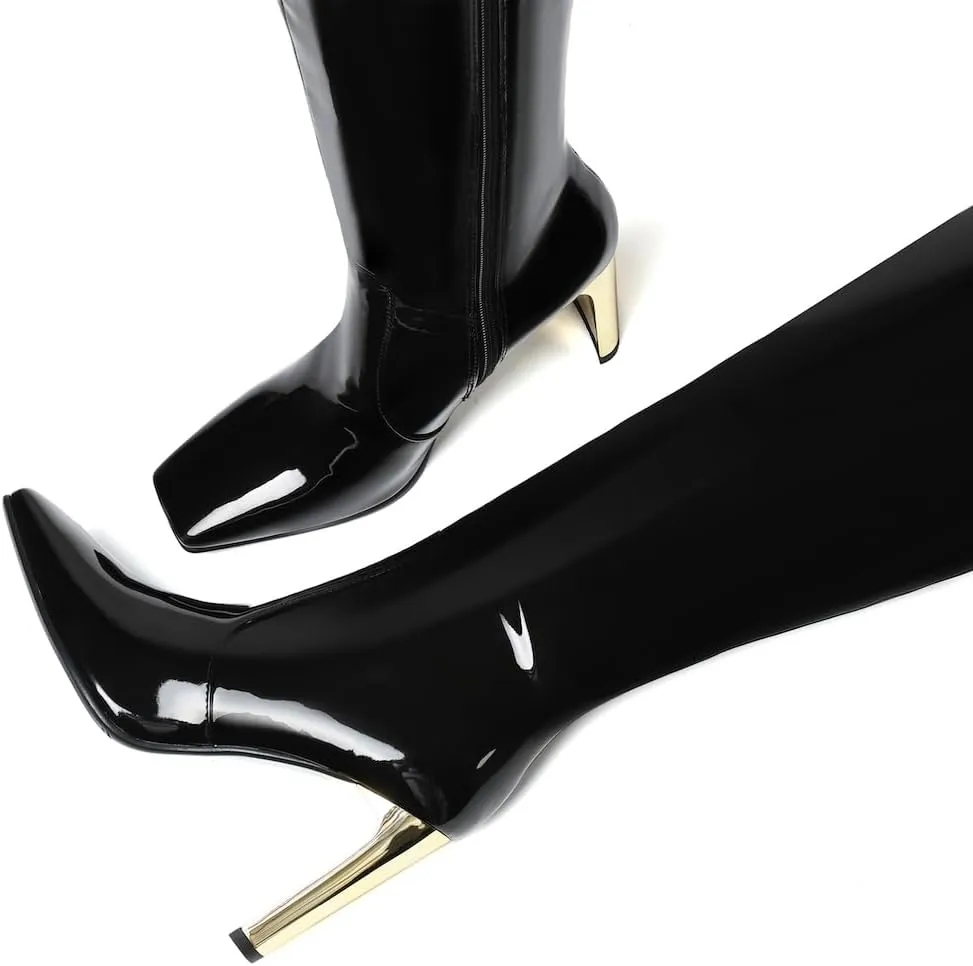 femflame Knee High Boots Women Chunky Heel Square Toe Long Boots Side Zipper Tall Boots for Women Wide Calf