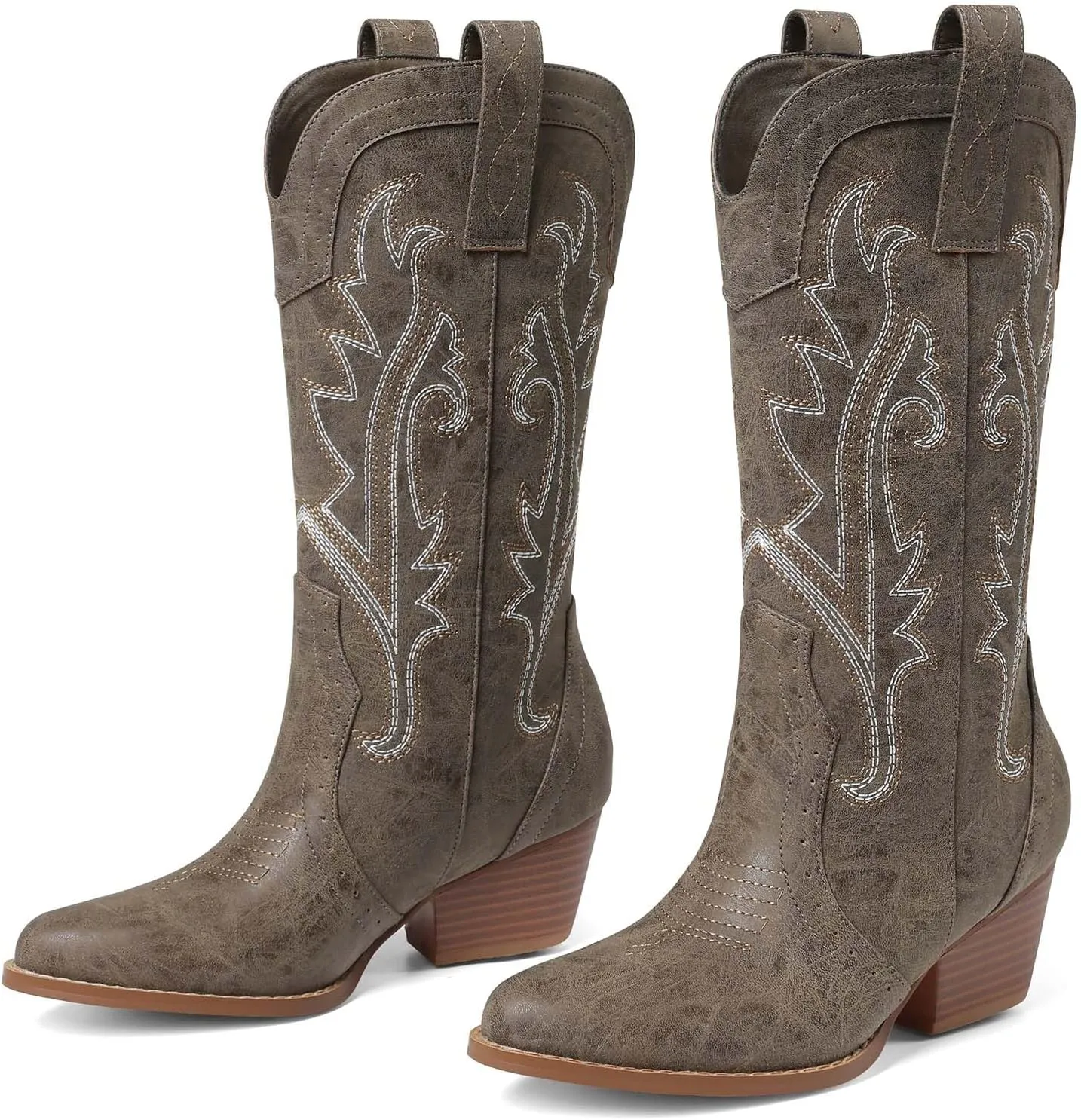 femflame Womens Cowboy Boots for Women Pointed Toe Chunky Heel Mid Calf Cowgirl Boot Embroidered Western Boots