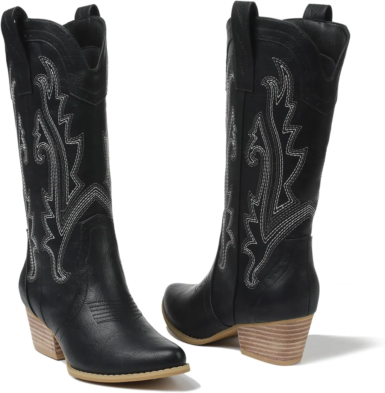 femflame Womens Cowboy Boots for Women Pointed Toe Chunky Heel Mid Calf Cowgirl Boot Embroidered Western Boots