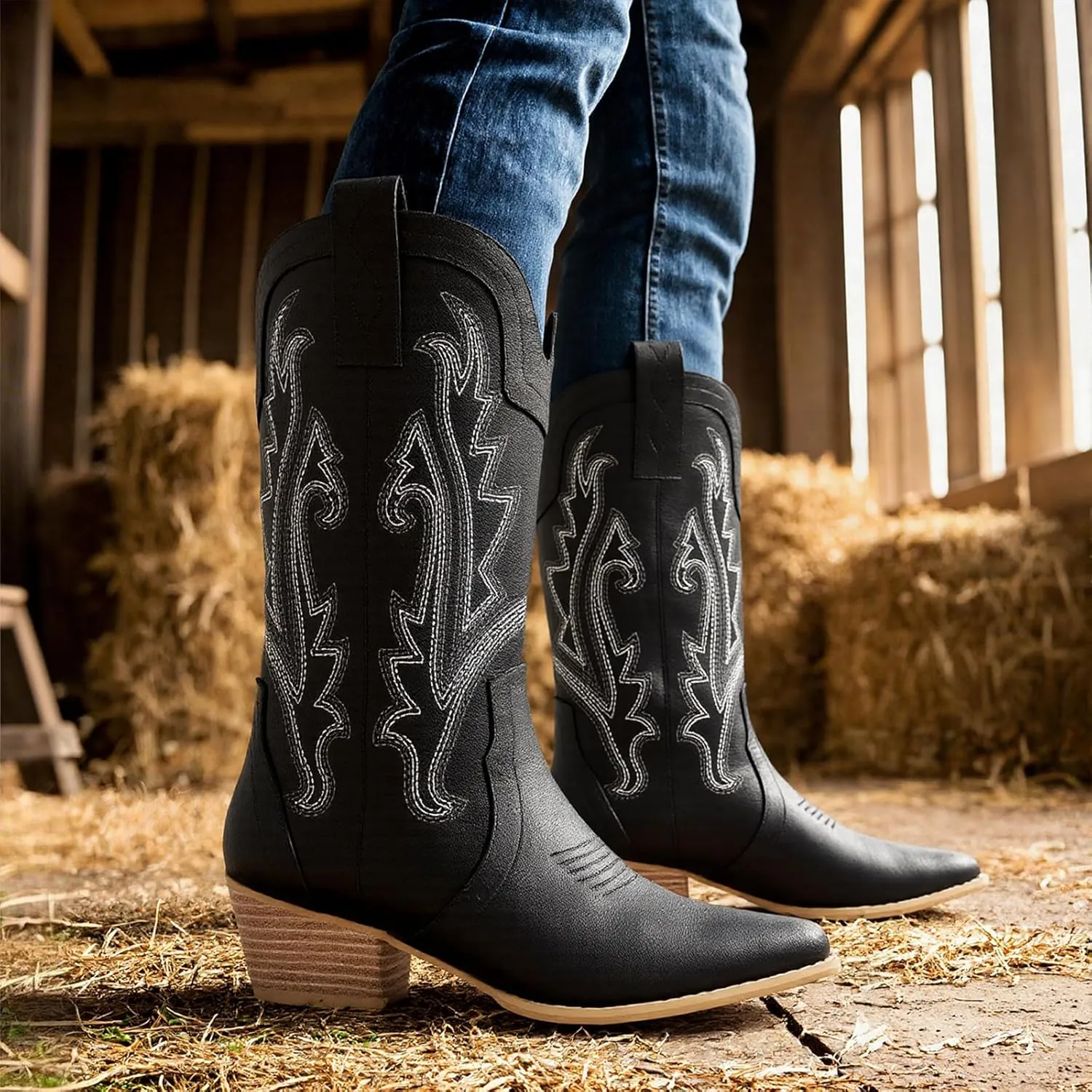 femflame Womens Cowboy Boots for Women Pointed Toe Chunky Heel Mid Calf Cowgirl Boot Embroidered Western Boots