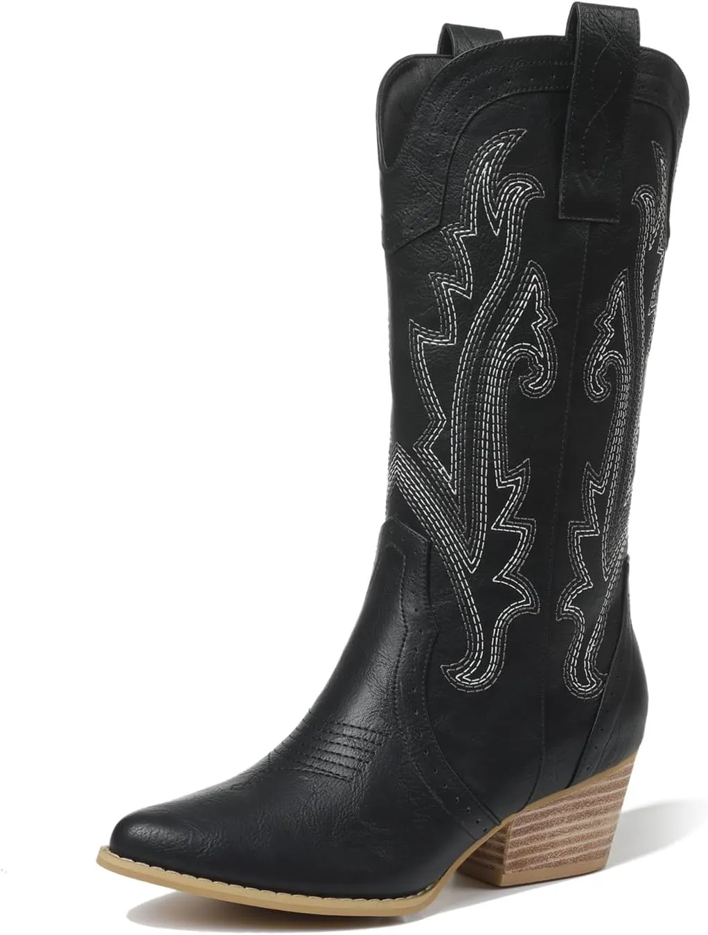 femflame Womens Cowboy Boots for Women Pointed Toe Chunky Heel Mid Calf Cowgirl Boot Embroidered Western Boots