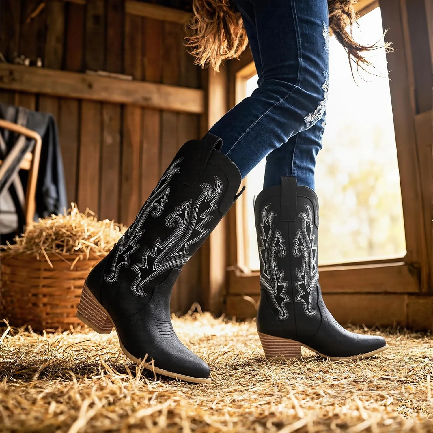 femflame Womens Cowboy Boots for Women Pointed Toe Chunky Heel Mid Calf Cowgirl Boot Embroidered Western Boots