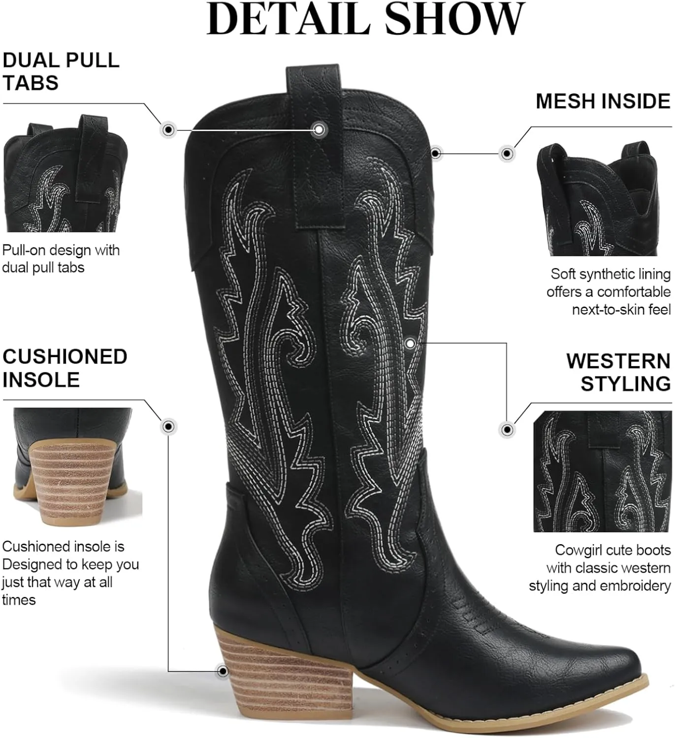 femflame Womens Cowboy Boots for Women Pointed Toe Chunky Heel Mid Calf Cowgirl Boot Embroidered Western Boots