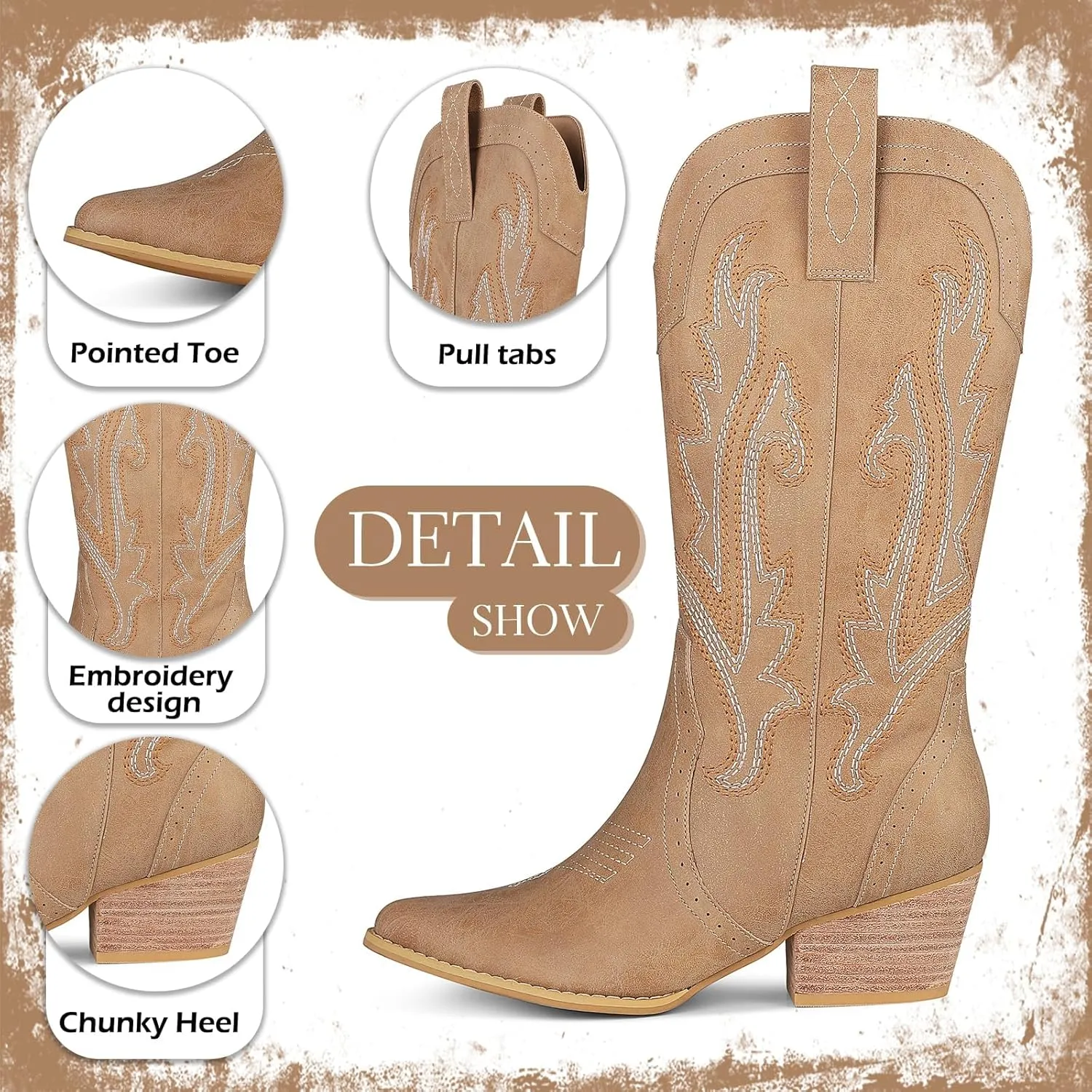 femflame Womens Cowboy Boots for Women Pointed Toe Chunky Heel Mid Calf Cowgirl Boot Embroidered Western Boots
