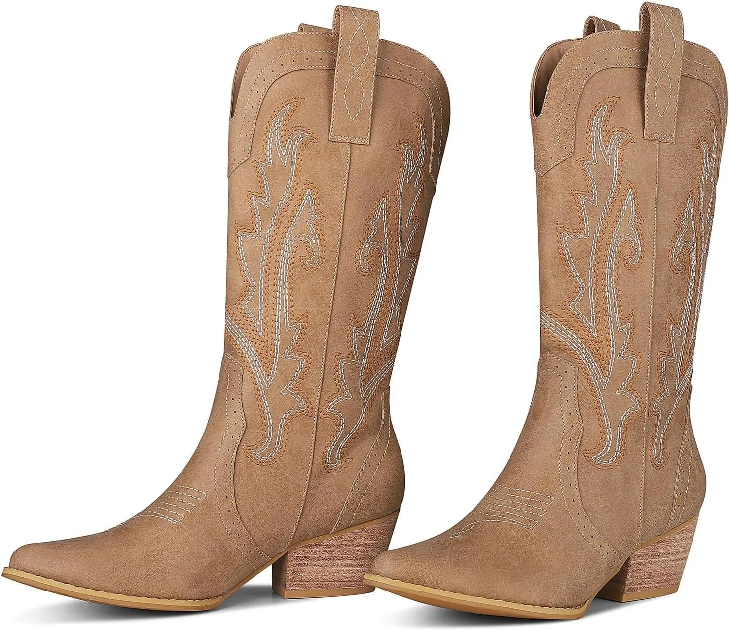femflame Womens Cowboy Boots for Women Pointed Toe Chunky Heel Mid Calf Cowgirl Boot Embroidered Western Boots