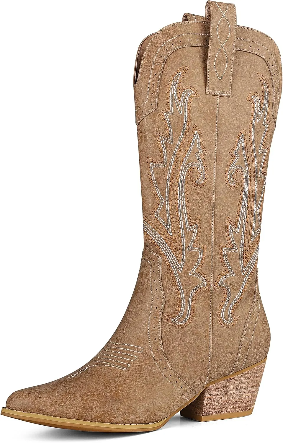 femflame Womens Cowboy Boots for Women Pointed Toe Chunky Heel Mid Calf Cowgirl Boot Embroidered Western Boots