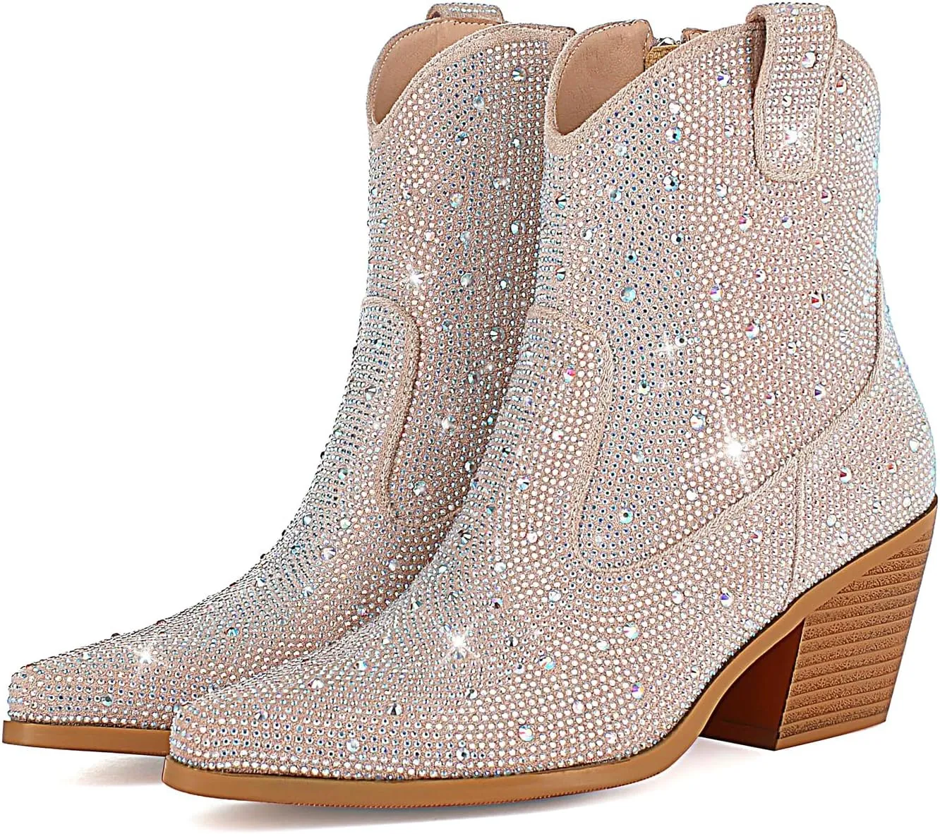 FIFSY Women Rhinestone Cowboy Boots Glitter Chunky Heel Sparkly Cowgirl Ankle Boots…