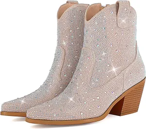 FIFSY Women Rhinestone Cowboy Boots Glitter Chunky Heel Sparkly Cowgirl Ankle Boots…