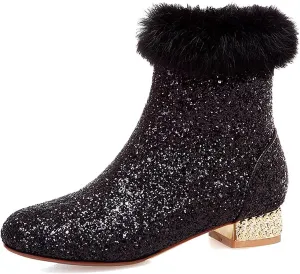 FIFSY Women Sequin Ankle Boots Low Heel Sparkly Glitter Booties