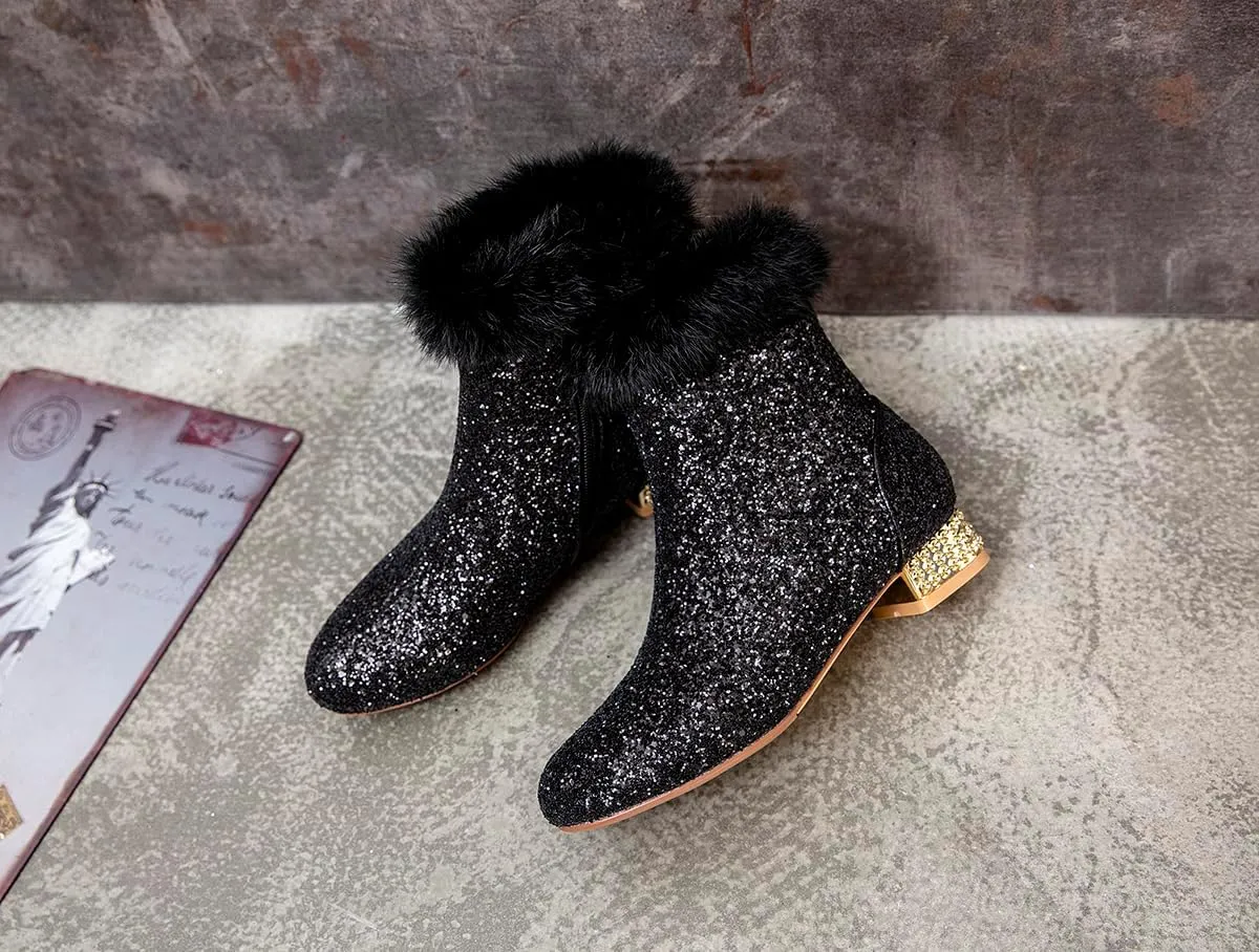 FIFSY Women Sequin Ankle Boots Low Heel Sparkly Glitter Booties