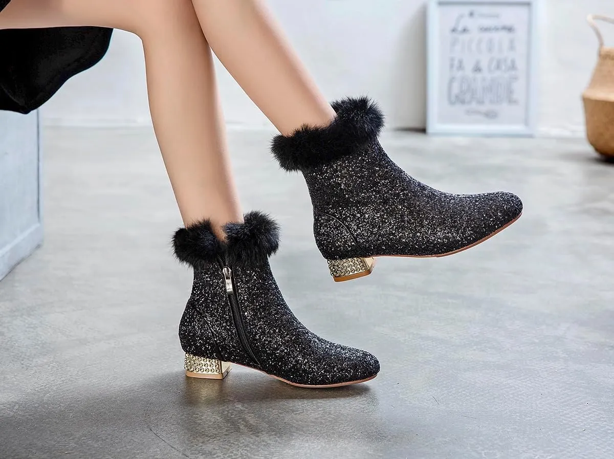 FIFSY Women Sequin Ankle Boots Low Heel Sparkly Glitter Booties
