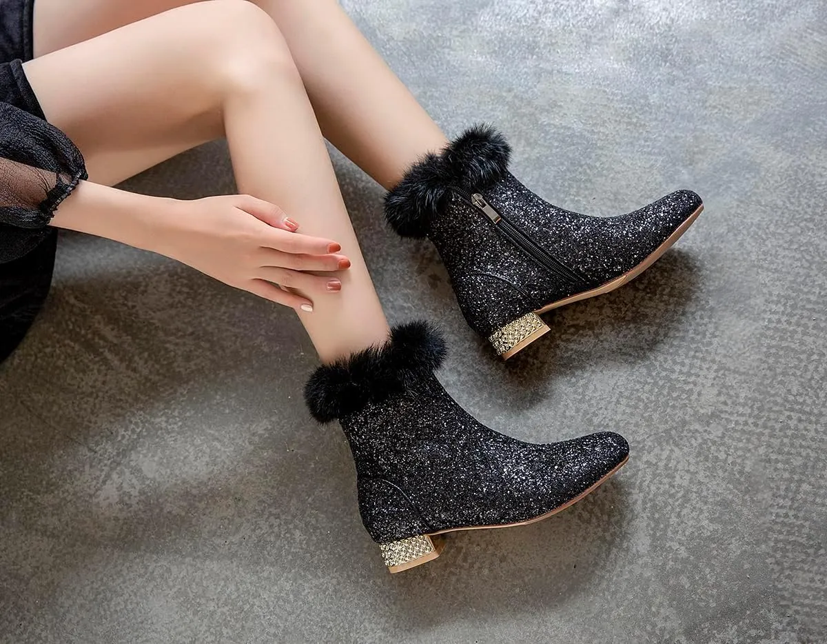 FIFSY Women Sequin Ankle Boots Low Heel Sparkly Glitter Booties