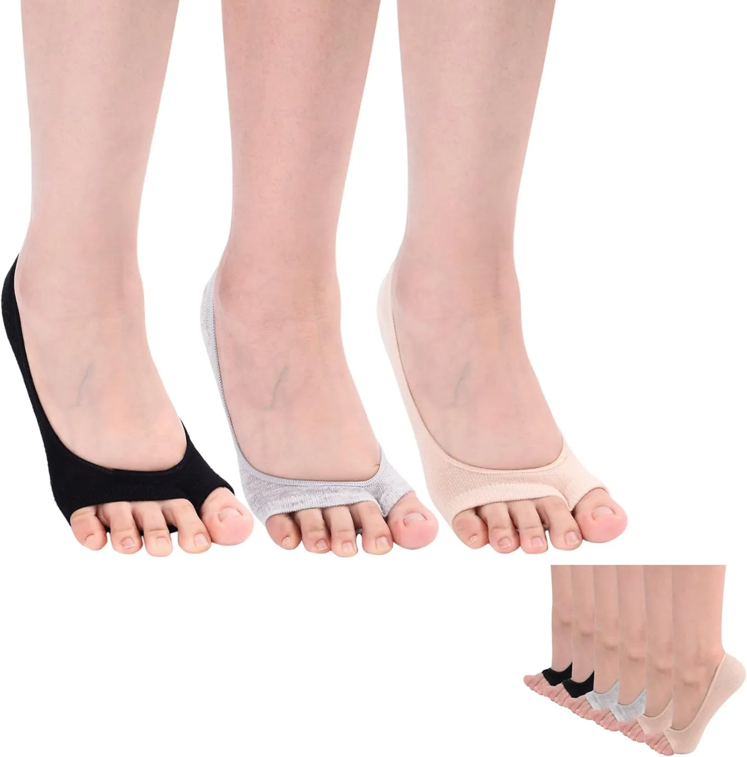 Flammi 3/6 Pairs Women Peep Toe Liner Socks No Show with Nonslip Heel Grip