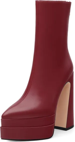 FOGEENA Platform Ankle Boots for Women Chunky Block Heel Pointed Toe Zipper 5.9 Inch Heeled Fall Boots Fashion Dating Party Evening Short Booties
