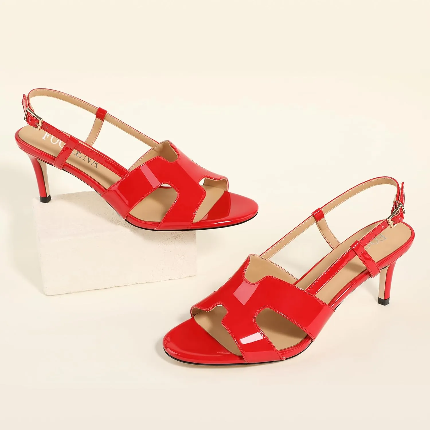 FOGEENA Women's Heeled Sandals Shoes, Peep Toe Mid Heel Ankle Strap Sandals for Women, Patent Leather Open Toe H Shaped Strappy Heels, Ladies Slingback Kitten Heel Sandals 2.5"