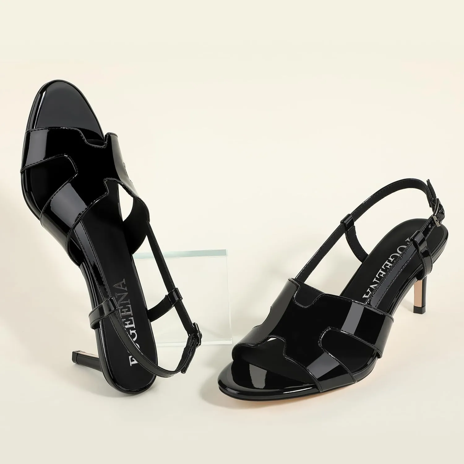 FOGEENA Women's Heeled Sandals Shoes, Peep Toe Mid Heel Ankle Strap Sandals for Women, Patent Leather Open Toe H Shaped Strappy Heels, Ladies Slingback Kitten Heel Sandals 2.5"