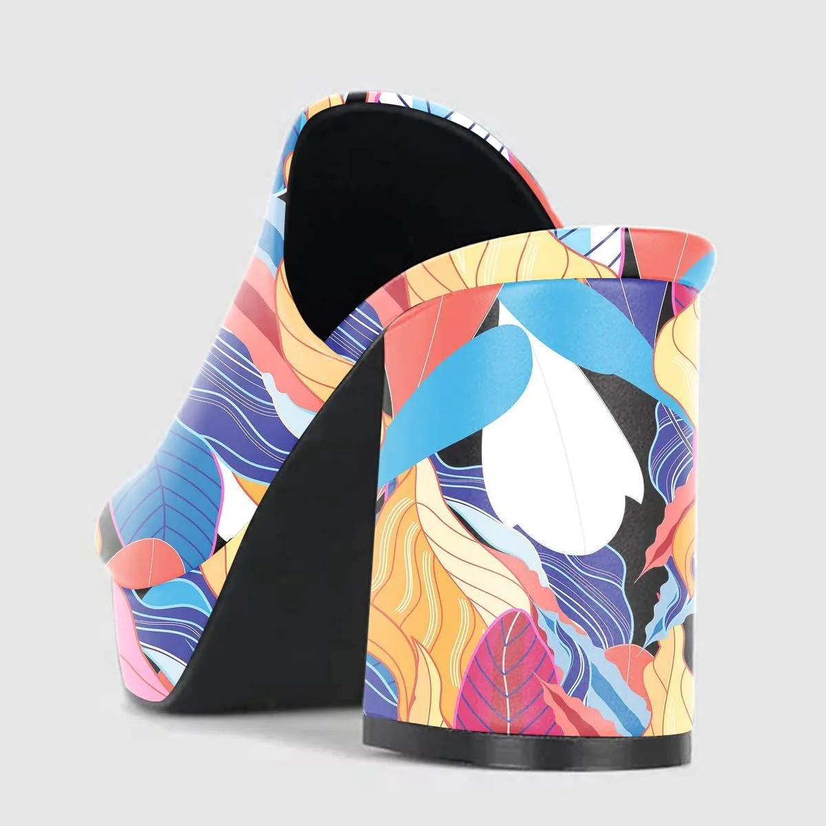 FOWT Women Fashionable Printed Pattern Mules High Chunky Heels Mules Platform Square Toe Sandals Slip On Slippers Outdoor Casual Fashion Work Party Dance Shoes Size 4-16 US