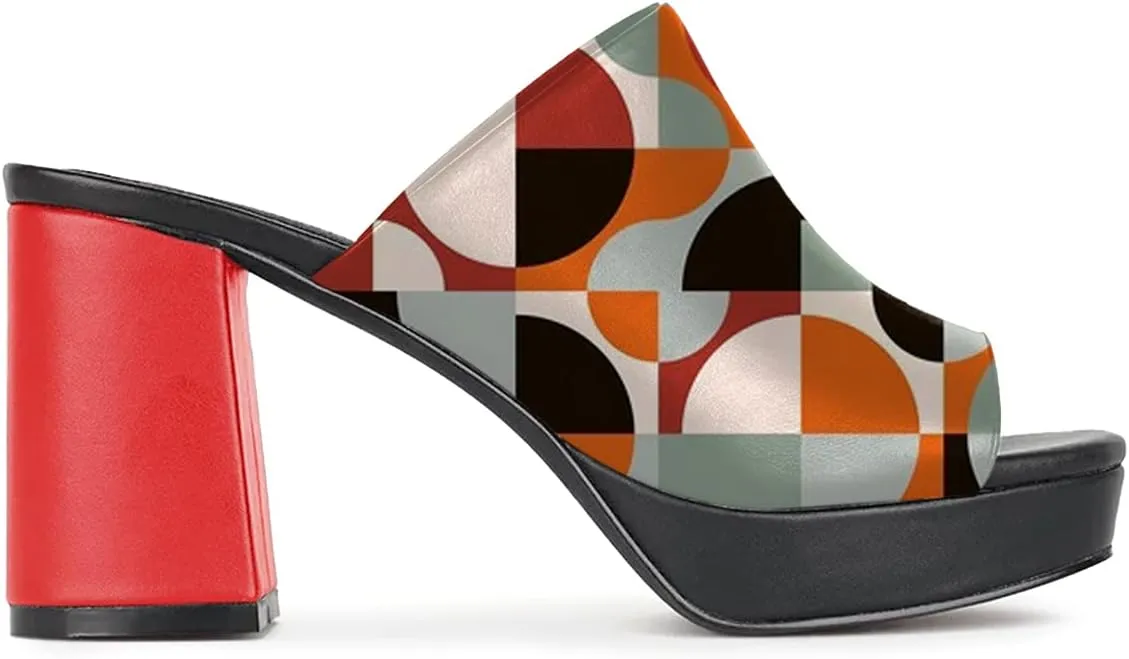 FOWT Women Fashionable Printed Pattern Mules High Chunky Heels Mules Platform Square Toe Sandals Slip On Slippers Outdoor Casual Fashion Work Party Dance Shoes Size 4-16 US