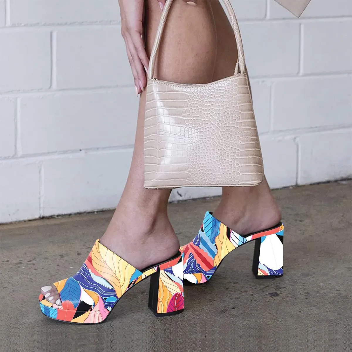 FOWT Women Fashionable Printed Pattern Mules High Chunky Heels Mules Platform Square Toe Sandals Slip On Slippers Outdoor Casual Fashion Work Party Dance Shoes Size 4-16 US