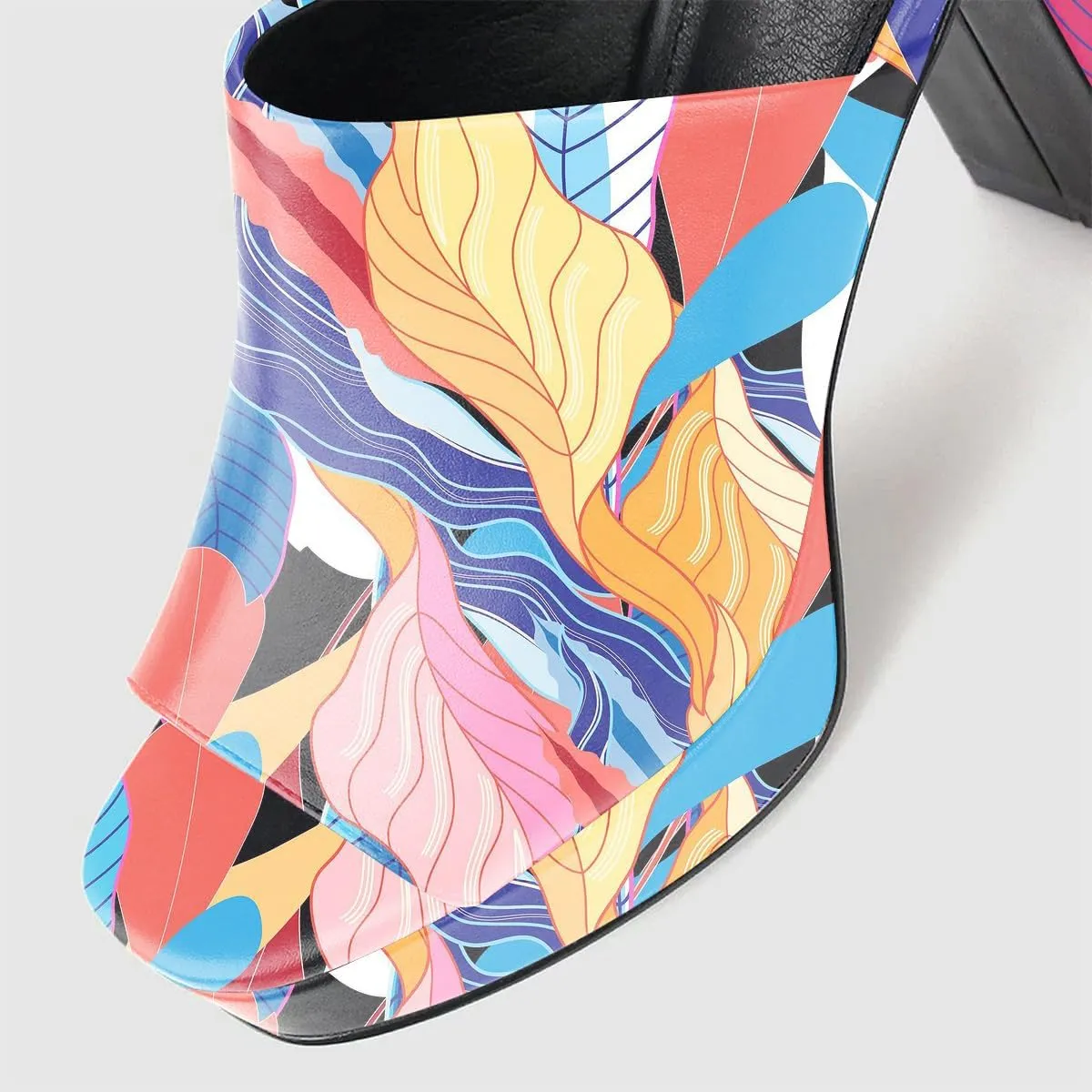 FOWT Women Fashionable Printed Pattern Mules High Chunky Heels Mules Platform Square Toe Sandals Slip On Slippers Outdoor Casual Fashion Work Party Dance Shoes Size 4-16 US