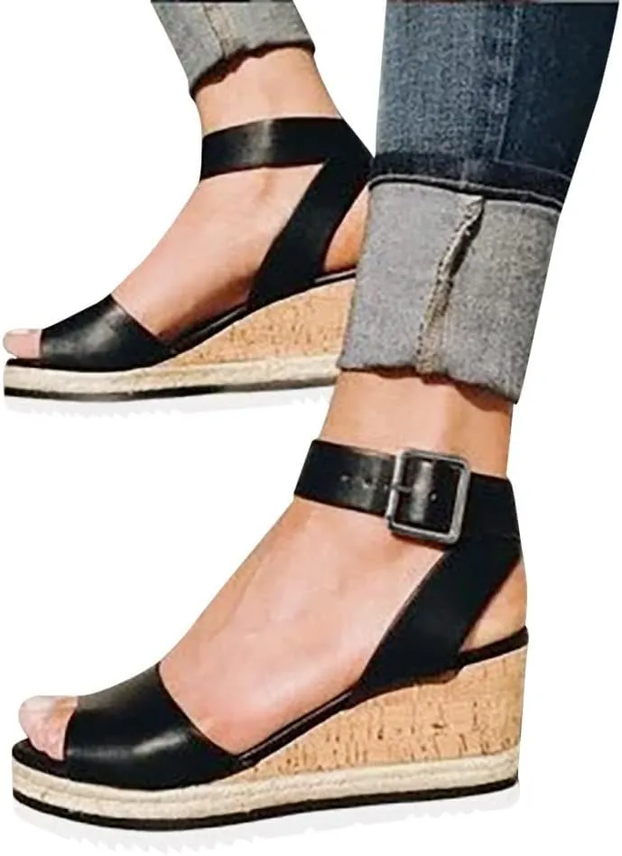 Fululuer Fashion Toe Wedges Shoes Womens Ladies Roman Open Retro Platform Sandals Women's Sandals Sandals with Arch Support for Women Pretty (H-Black, 7)