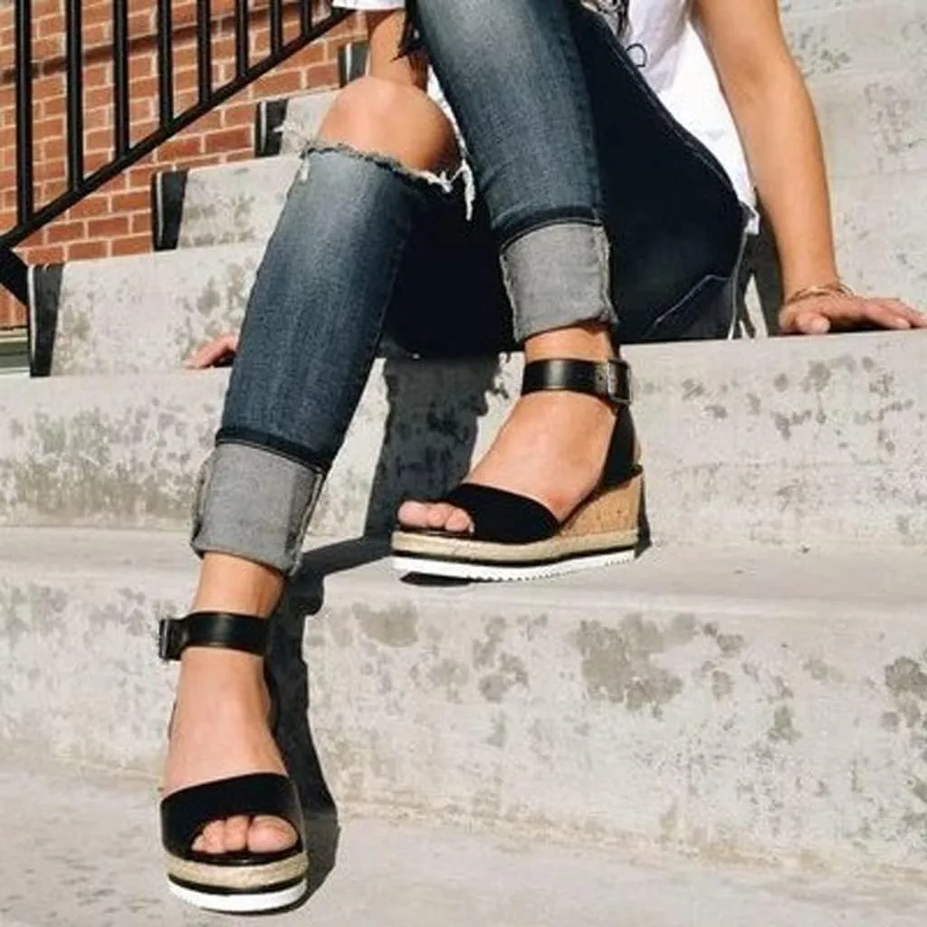 Fululuer Fashion Toe Wedges Shoes Womens Ladies Roman Open Retro Platform Sandals Women's Sandals Sandals with Arch Support for Women Pretty (H-Black, 7)