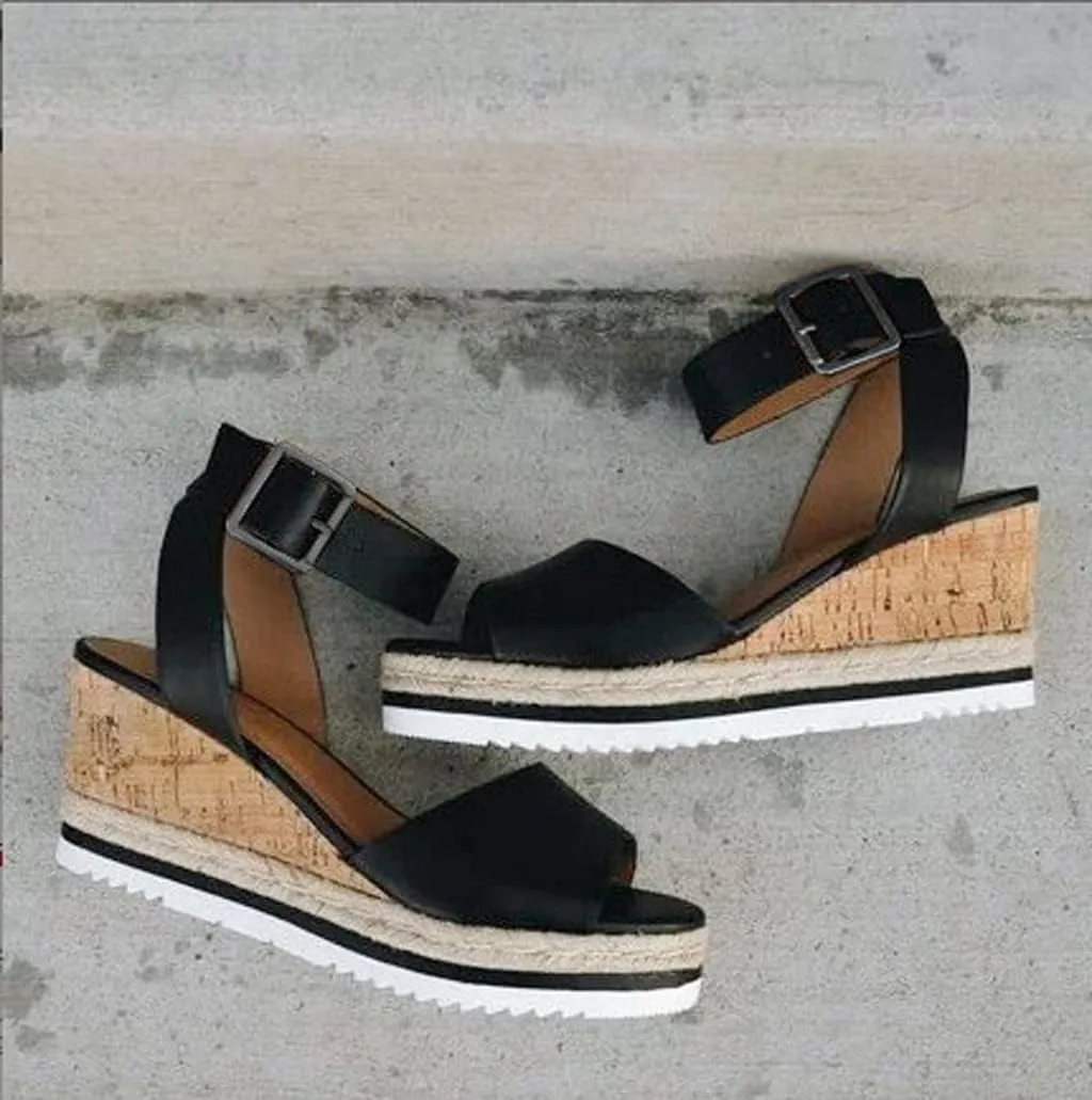 Fululuer Fashion Toe Wedges Shoes Womens Ladies Roman Open Retro Platform Sandals Women's Sandals Sandals with Arch Support for Women Pretty (H-Black, 7)