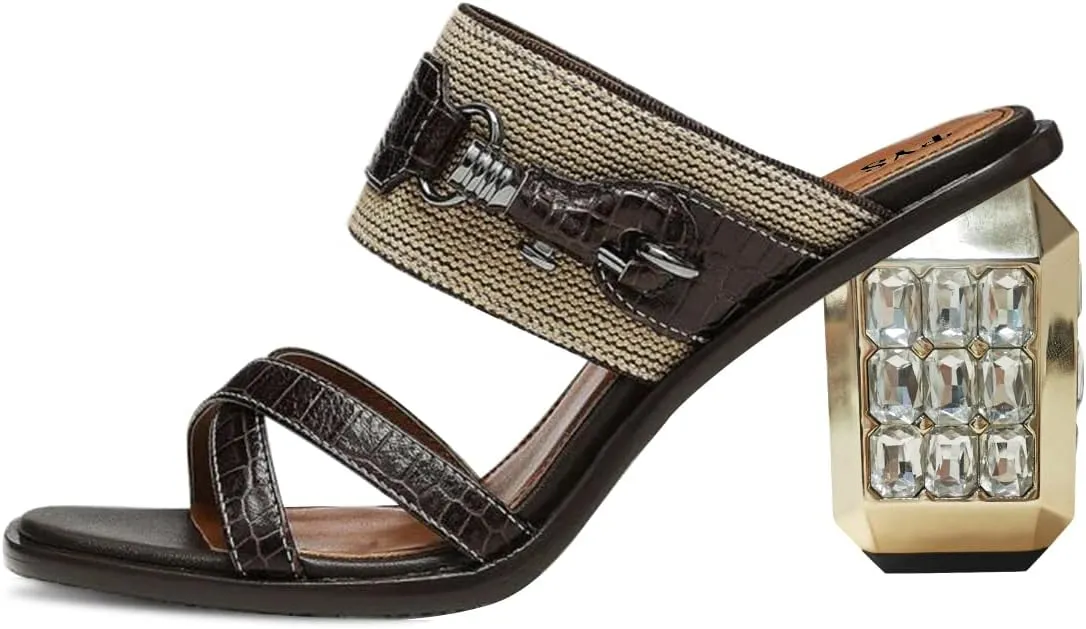 FYS Women Open Toe Cross Strap Mules Rhinestones Block Metal Heels Chain Slip on Slide Sandals Dress Party Prom Fashion Shoes Size 4-15 US