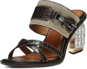FYS Women Open Toe Cross Strap Mules Rhinestones Block Metal Heels Chain Slip on Slide Sandals Dress Party Prom Fashion Shoes Size 4-15 US